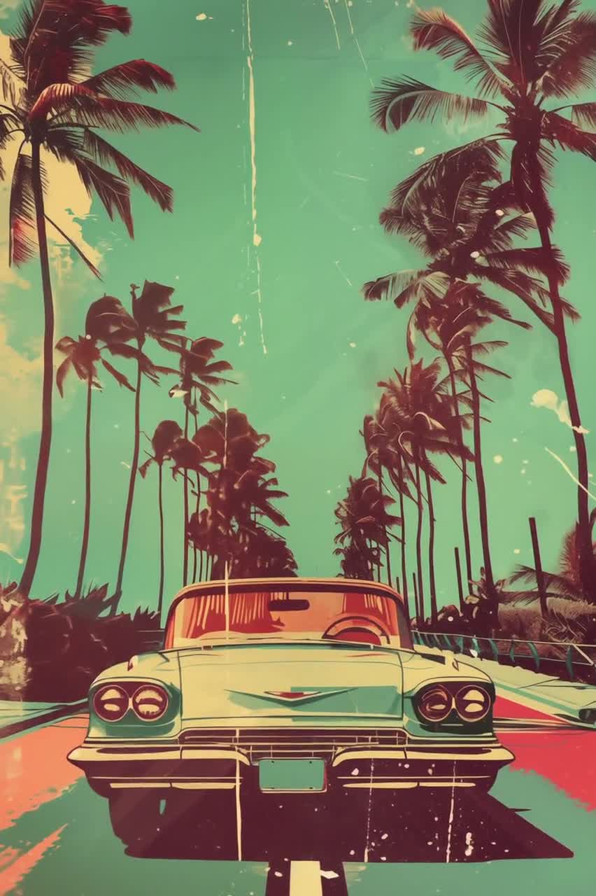 Vintage Car Art Print: Retro Palm Beach Style, Muted Colors video poster