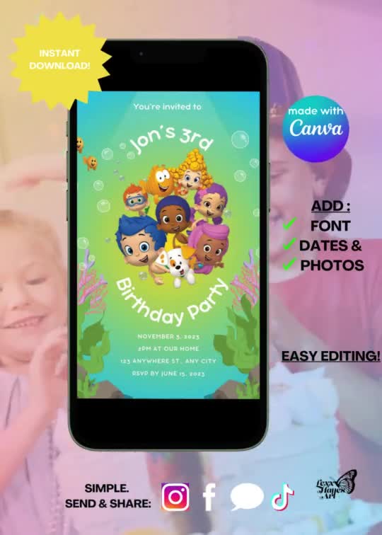 Invitación personalizable para fiesta de Bubble Guppies - Invitación digital para fiesta - Decoración de cumpleaños de Bubble Guppies - Tema de Bubble Guppies - Plantilla Canva video poster