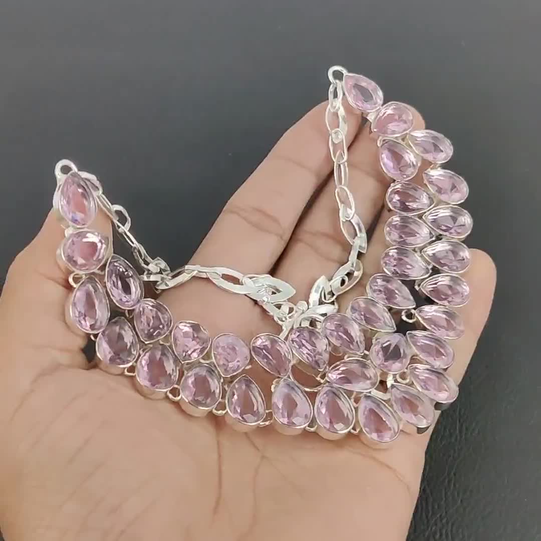 Pendentif Ancien En Kunzite Rose Lab-created - Forme Poire, Sertie Argenté - Fait Main En Inde