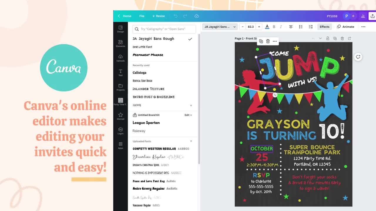 Jump Party Birthday Invitation, Trampoline Party Invitation, Jump Party  Invite, Printable Jump Invites, Boys Birthday Party - PT1114