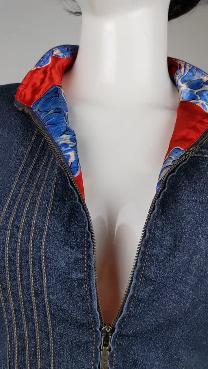 Vintage 90s KENZO Jeans Denim Vest. Zipper Blue Vest, Red Japanese