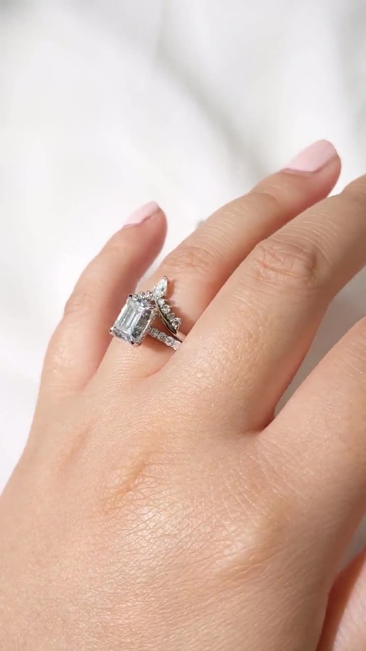 White Gold Emerald Cut Colorless Moissanite Engagement Ring, Under
