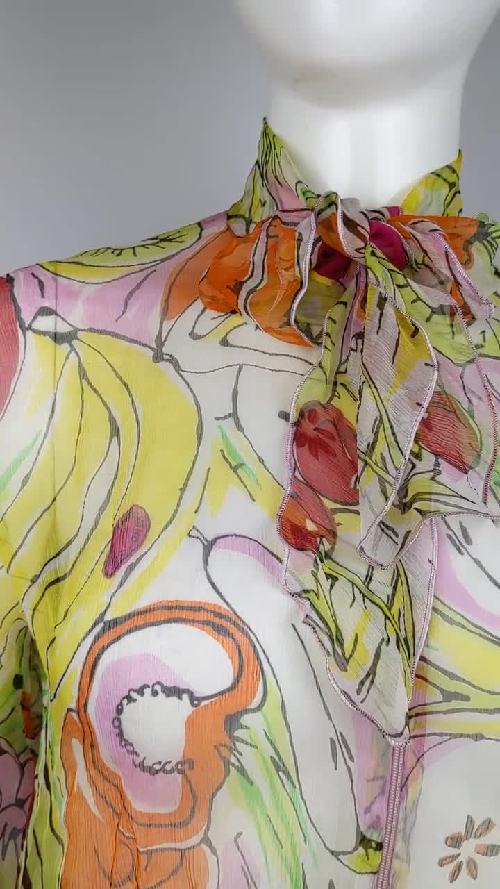 【関税&送料込】Moschino Enver Satin Blouse Still Life With Vintage 90s MOSCHINO Silk Blouse Fruit and Vegetables Print