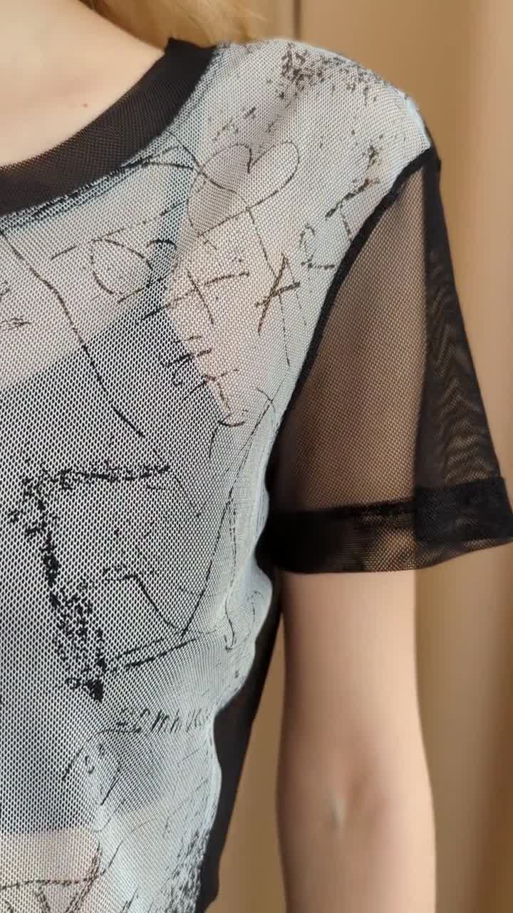 Vintage 90s MOSCHINO Grunge Mesh Top. Black and White Sheer