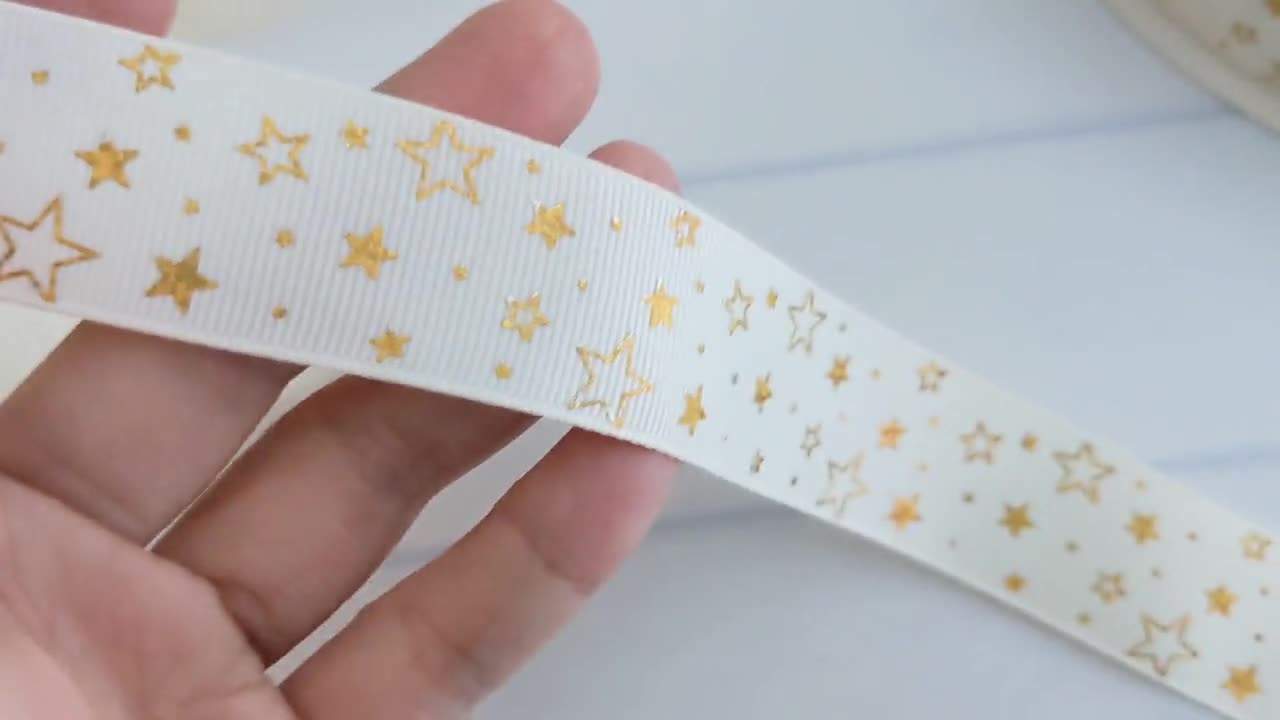 Ivory Gold Star Grosgrain Ribbon, 1 Inch Gift Wrap Ribbon, Golden Starry  Ribbon, Cream and Stars Fabric Ribbon, Celestial Hair Bow Supply 