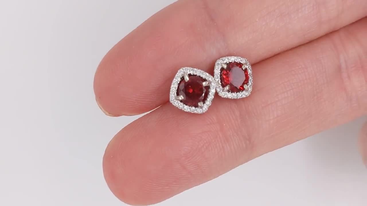 Red Garnet Stud Earrings with Cushion Diamond Halo in 14k White Gold |  Rhodolite Earrings | Round 5mm | January Birthstone | Secure Pushback
