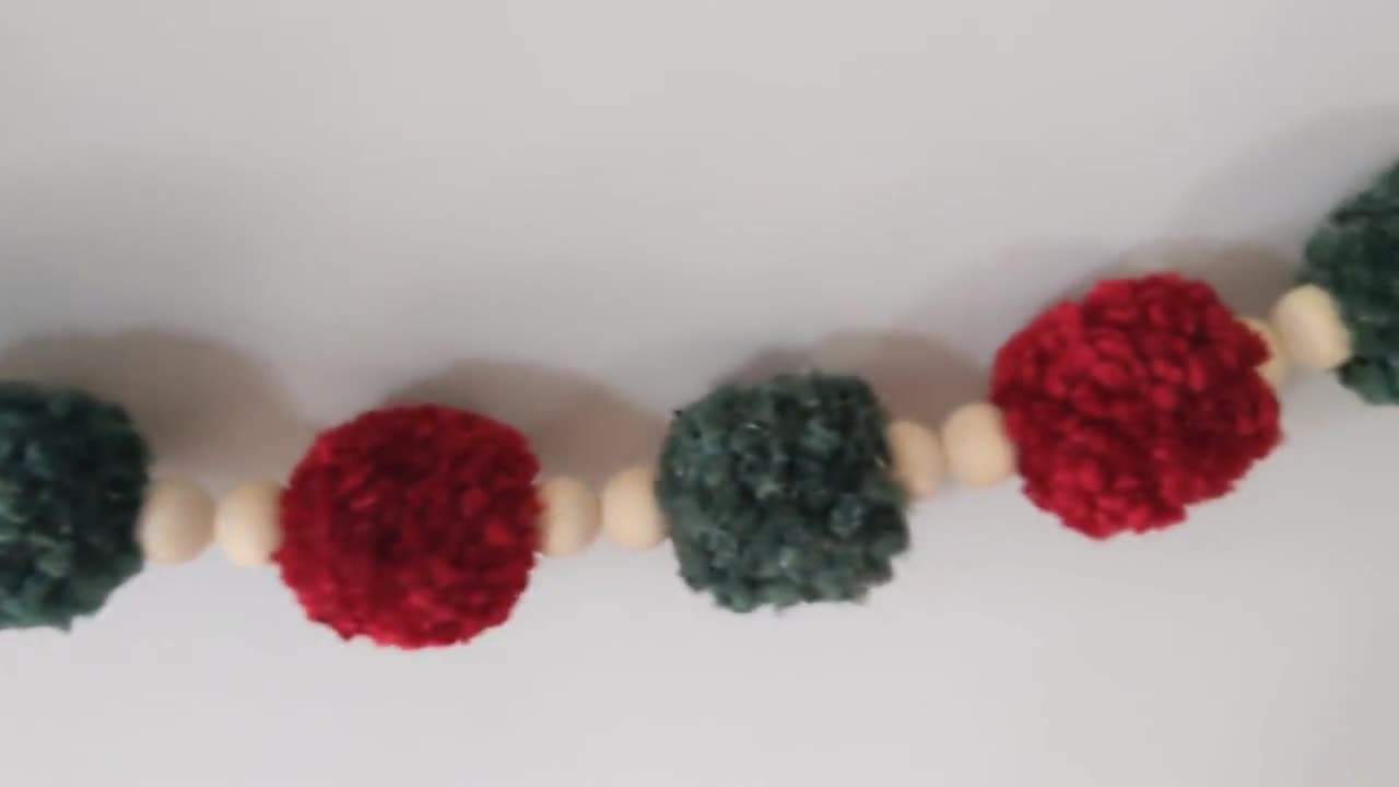 Farmhouse Christmas Pom Pom Garland, Red and Green Rustic Wood