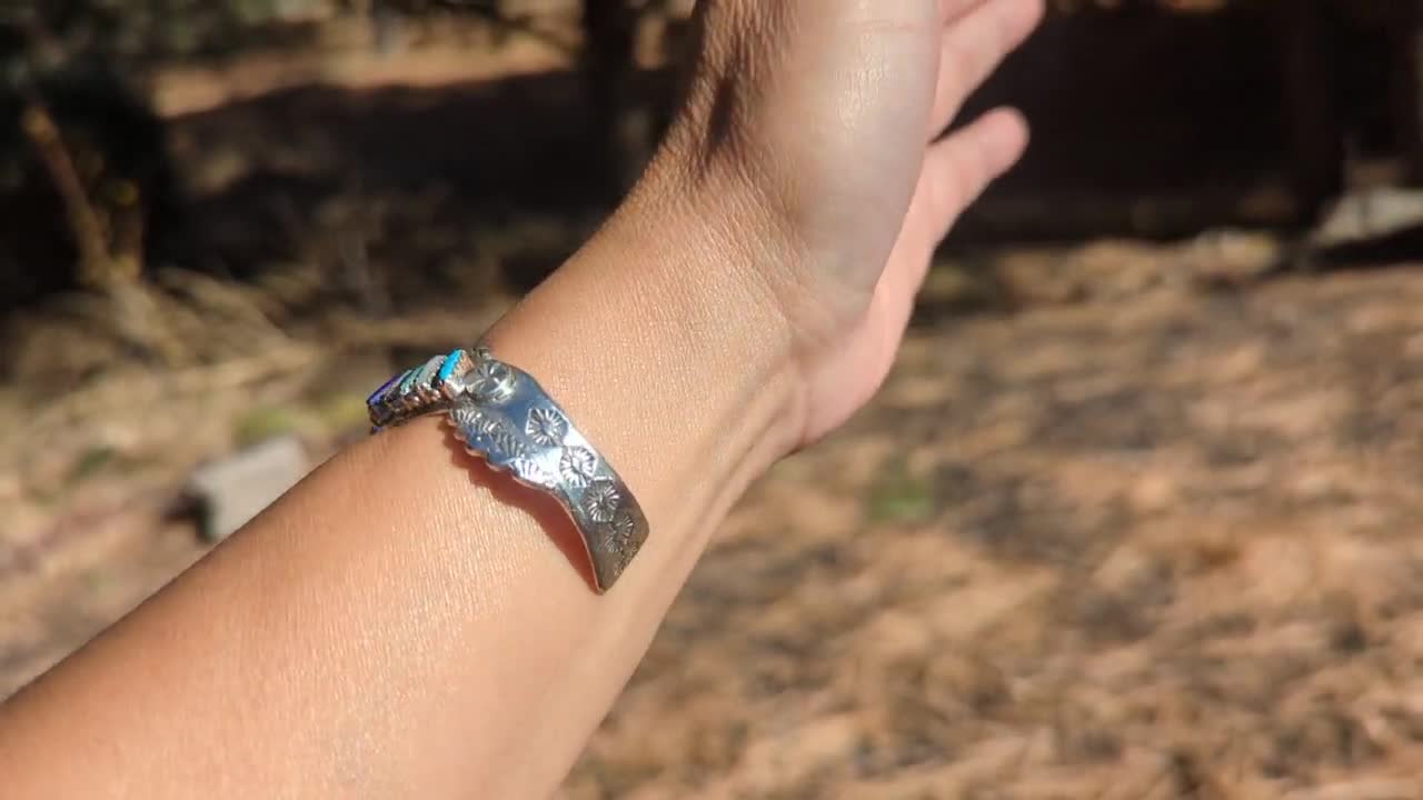 Zuni Needlepoint Sterling Silver Cuff Bracelet: Multi Stone Inlay
