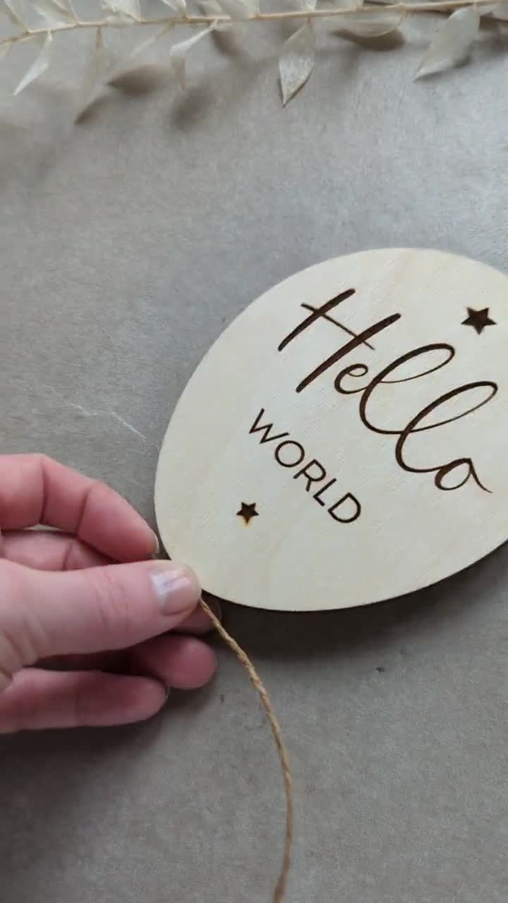 Hello World Oak wooden plaque - Nursery Baby Birth *ADD ANY NAME & COLOUR*