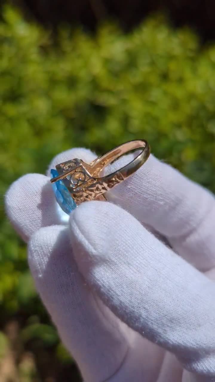 ❤️ 10k Size 8 Gorgeous Solid Yellow Gold Blue Topaz online and Diamonds Ring!