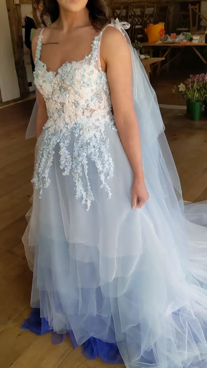 periwinkle blue wedding dress Periwinkle Blue Ombre Wedding Dress, Floral Lace Applique, Made to Order