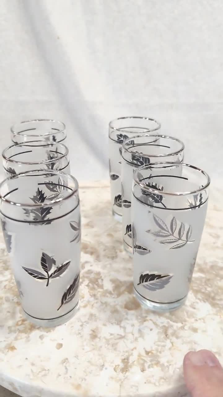 Vintage Mid-century Set of 6 Libbey Frosted Silver Leaf Design 