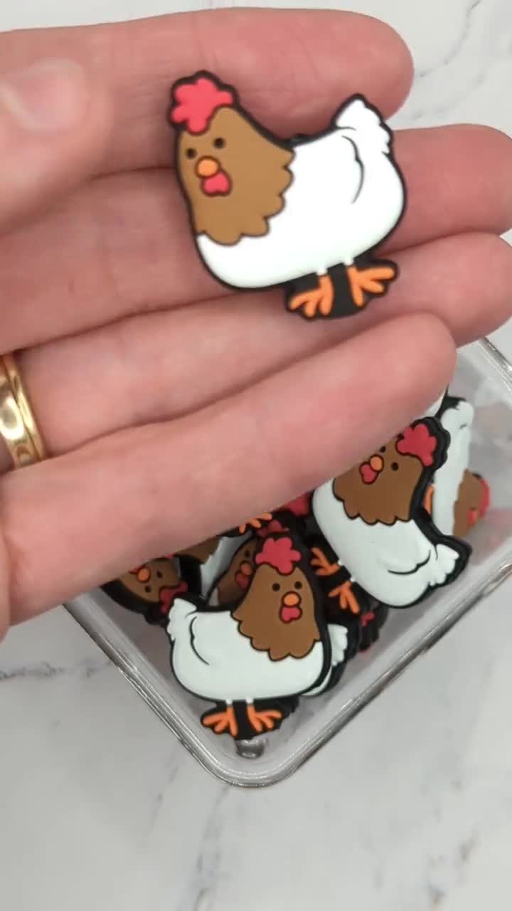 Chicken Focal Silicone Beads, Brown and White Chickens, Farm