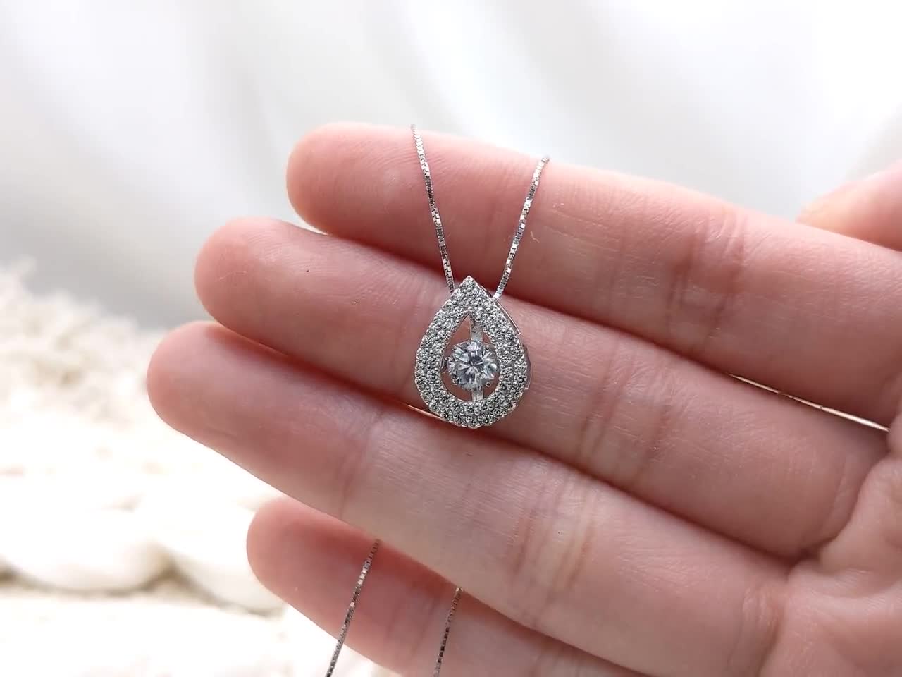 14k Solid Gold Dancing Diamond Necklace, CZ Pave Diamond