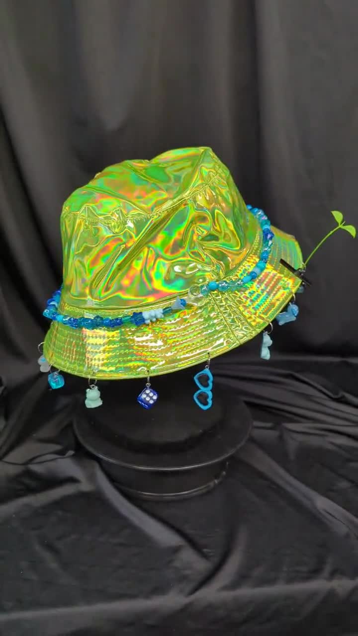 Green and Blue Festival Holographic Charm Bucket Hat With Sprout