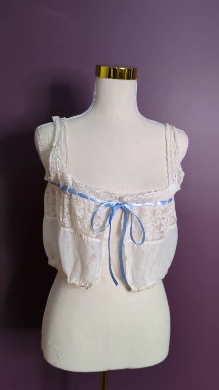 Antique Edwardian Lace Corset Cover: Blue Ribbon Cami, Size