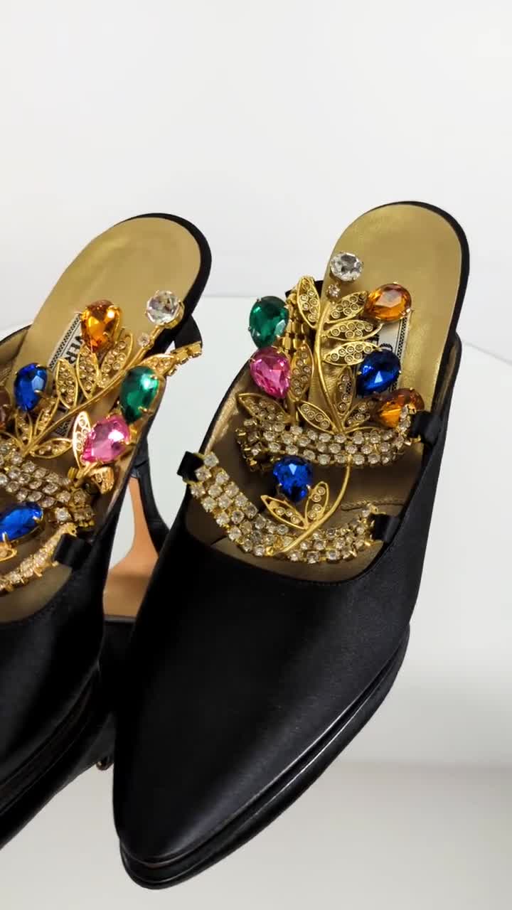 GIANNI VERSACE Black Satin Heeled Shoes With Jewel Embellishment