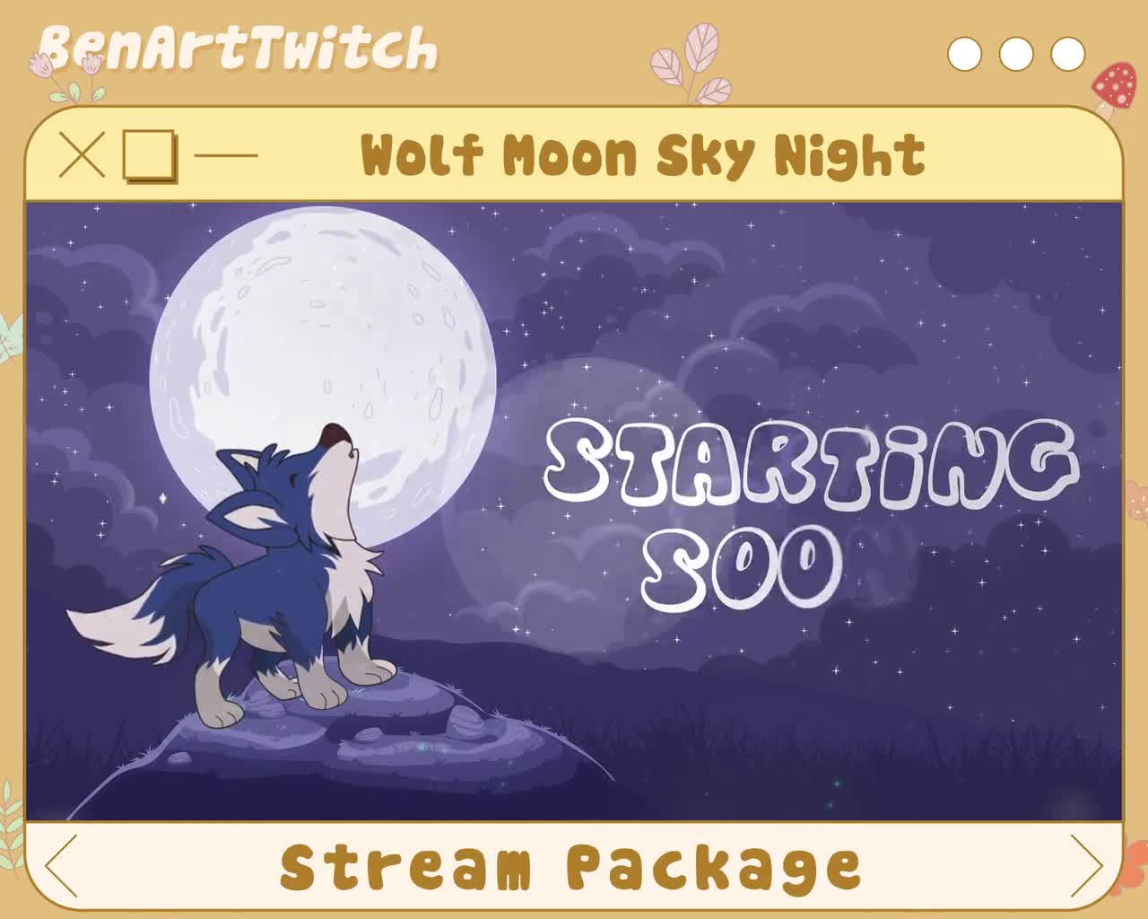 Animowany, słodki, wilczy księżyc, nakładka na Twitch, pakiet strumieniowy, nakładka na strumień nocnego nieba księżyca, nakładka na fioletowy motyw dla streamera video poster