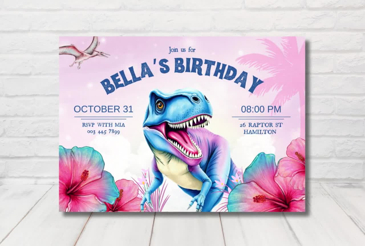女の子向けのピンクの恐竜の誕生日招待状、印刷可能な女の子向け恐竜