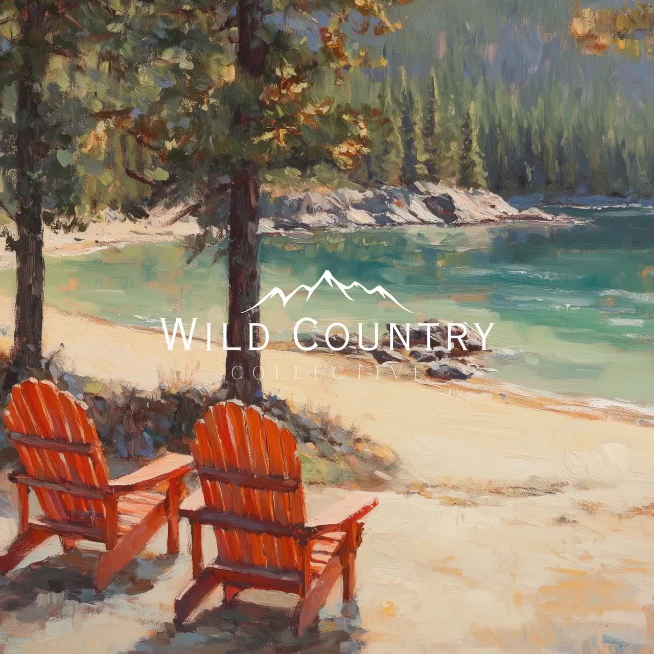 印刷可能なアンティークアディロンダックチェア湖の絵画、松の木の風景