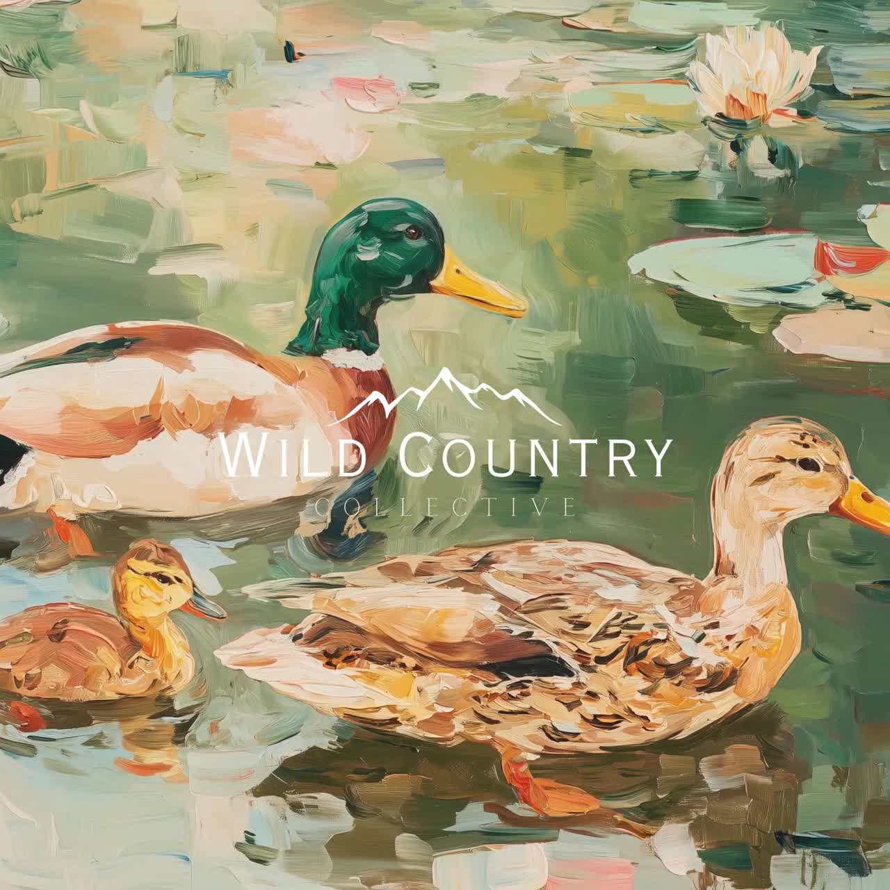 アヒルの家族の絵画 マガモの壁アート オスとメスのアヒルのプリント