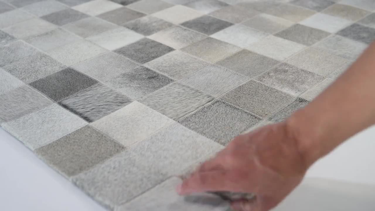 牛革パッチワークラグ、スクエア - グレートーン - 手作りパッチ
