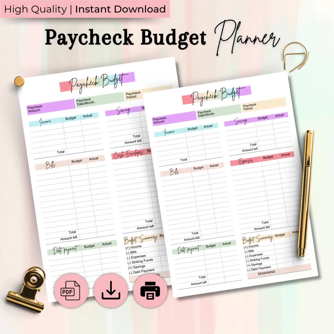 印刷可能な給与予算プランナー：編集可能な財務トラッカー（PDF）