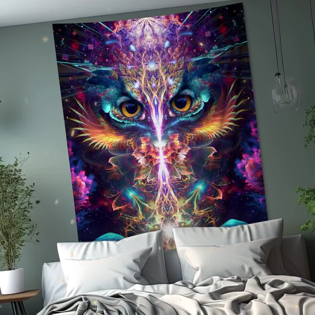 Owl TAPESTRY Mushroom Tapestry Visionary Art Vibrant Fractal