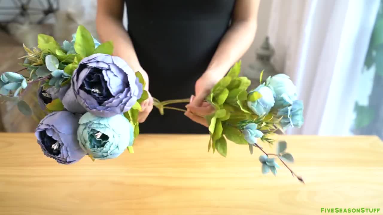 Fiveseasonstuff Mixed Blue Silk Peonies Artificial Flower Bouquet 