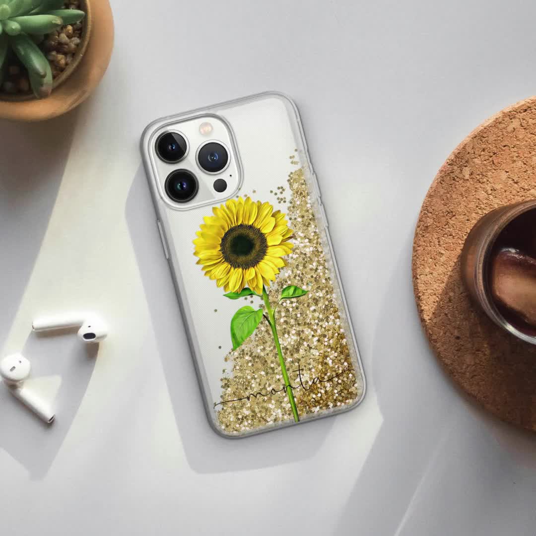 パーソナライズされたひまわりのグリッターiPhoneケース、カスタム