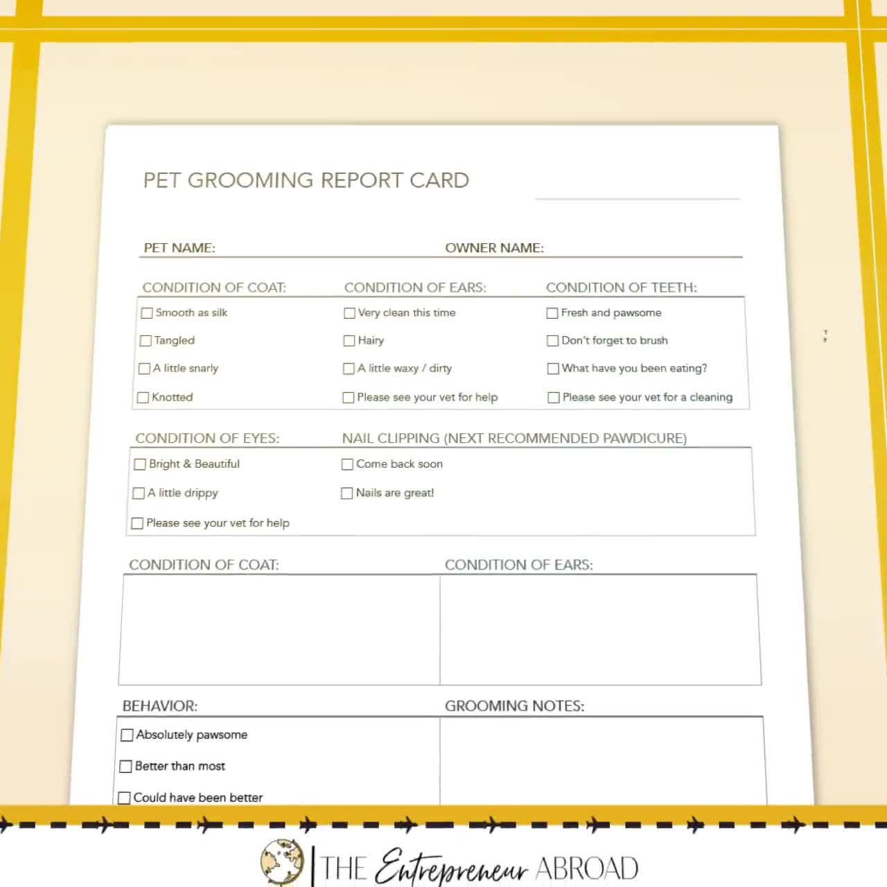 Pet Grooming Business Kit Printable Pet Groomer Pet Report Card Pet Lover Business Pet Services A4 Letter Instant Download