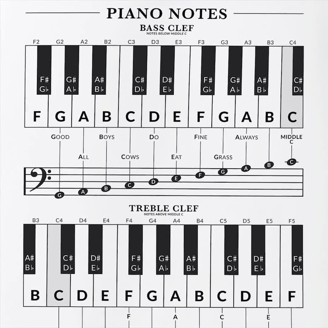 Beginner Piano Notes Poster, Piano Keys and Notes Chart, Music Theory  Printable, Treble Clef, Bass Clef, Notes Mnemonic Chart, Piano Student 