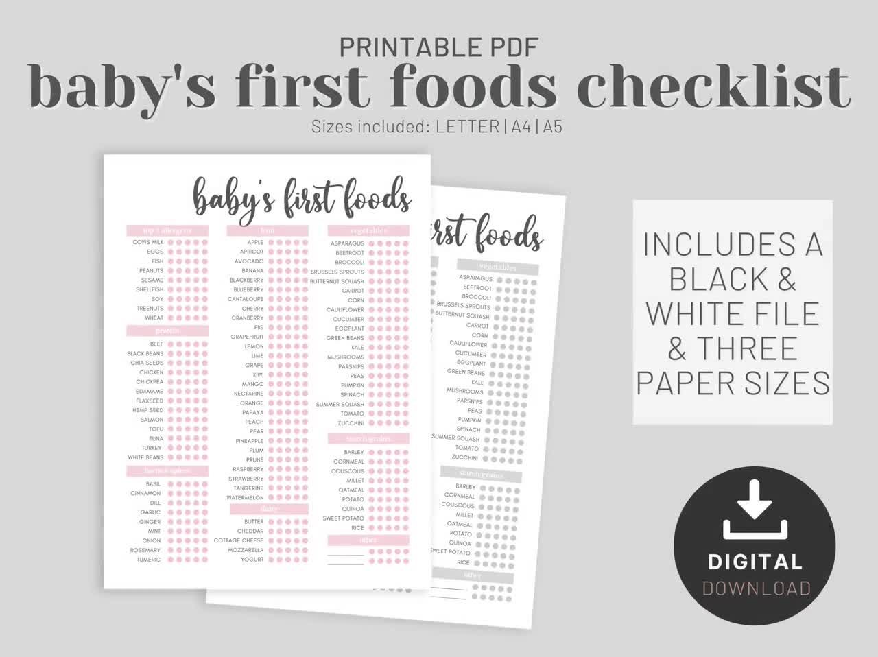 Baby's First Food Checklist Printable PDF