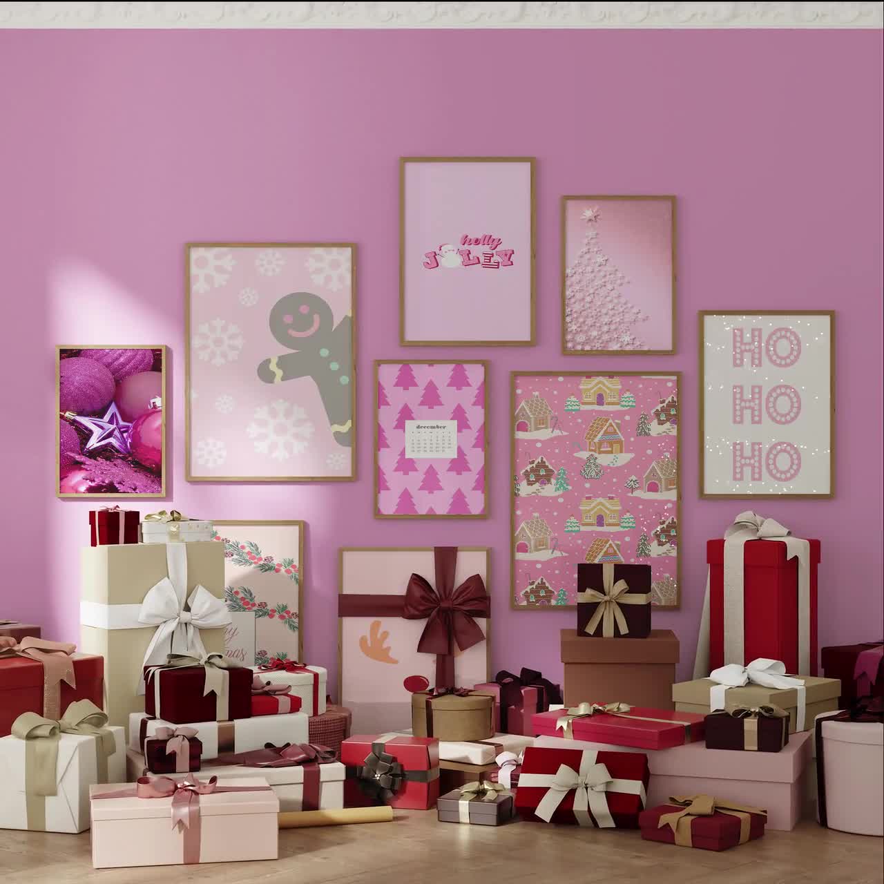 100 Pink Christmas Print Set, Xmas Printable Wall Art, Christmas