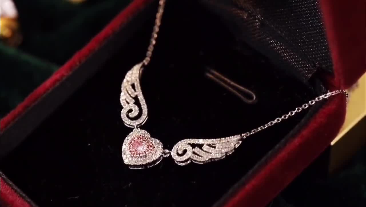 Pink Diamond Heart Angel Wings Pendant Necklace