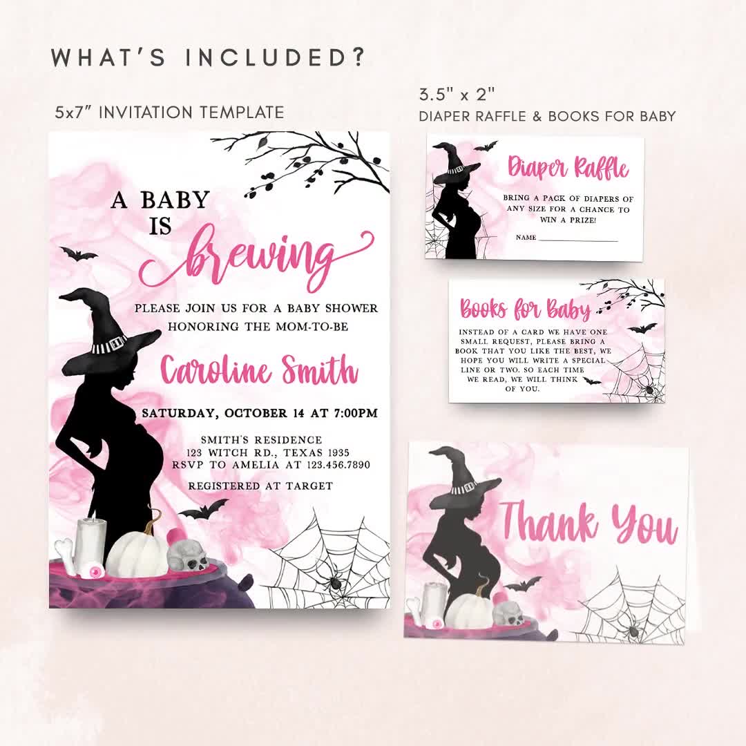 Editable A Baby is Brewing Girl Halloween Baby Shower Invitation Bundle,  Witch Baby Shower Invite Set, Halloween Baby Shower Invitation 0452