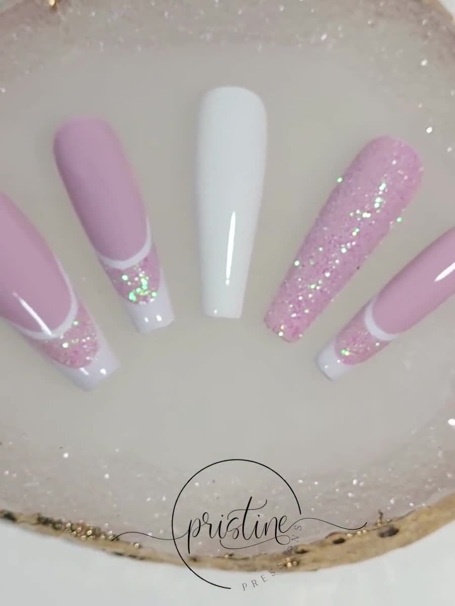Pink and White V French Tip Floral Nail Gems Styled in Long