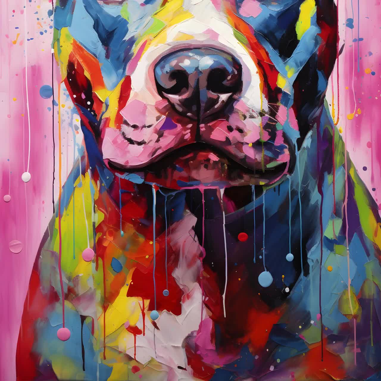 Cute & Colorful Pink Abstract Pitbull Dog Portrait Oil Painting