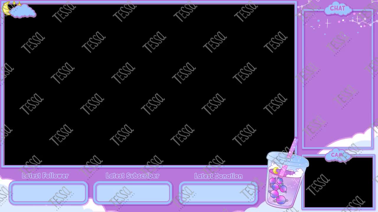 animated planet boba bubble drink twitch live cam overlay, twitch stream  screen, twitch overlays, aesthetic, pastel, purple, cute streamer