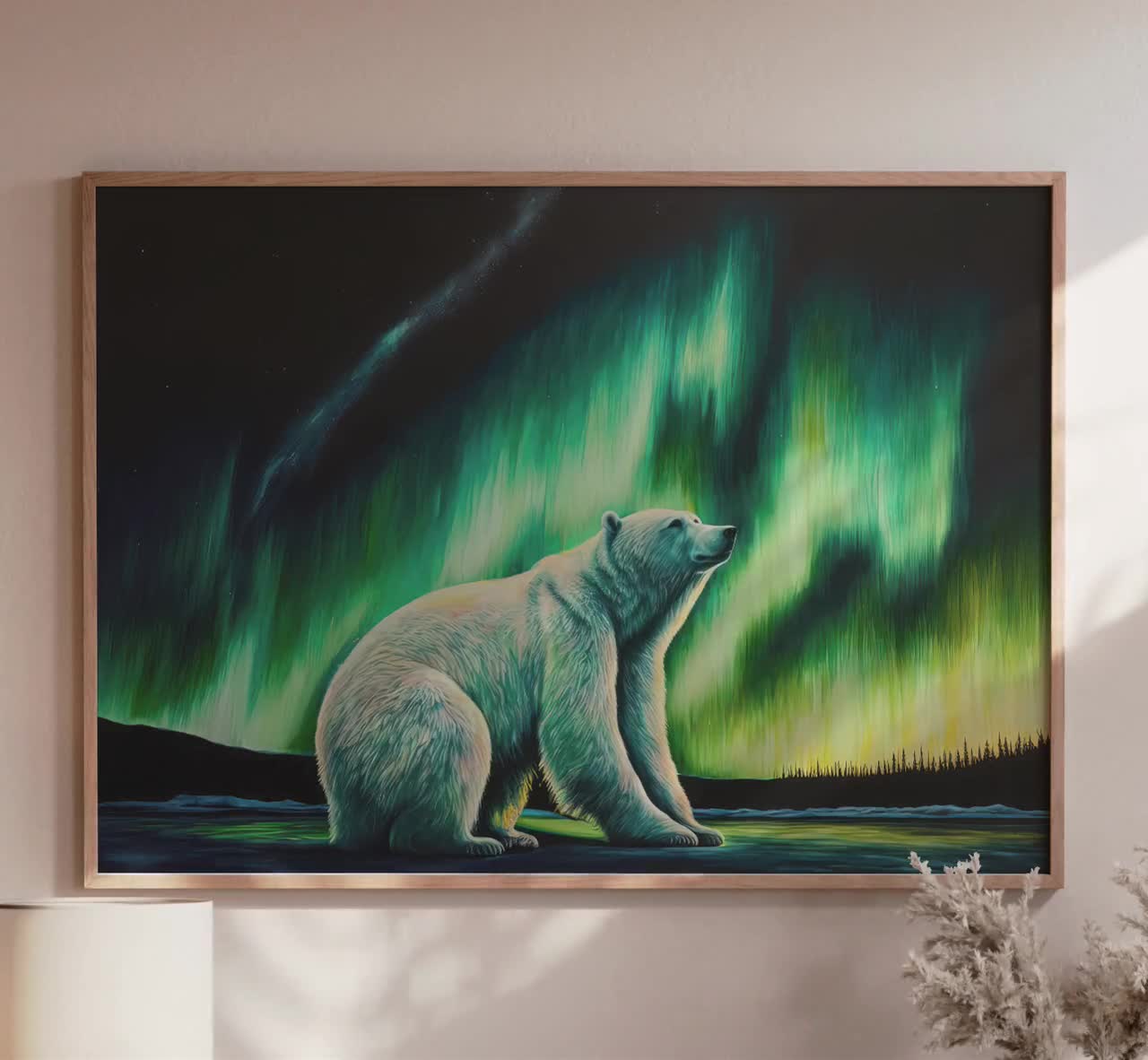 シロクマのオーロラ油絵アートワーク、高品質のマットな壁アート