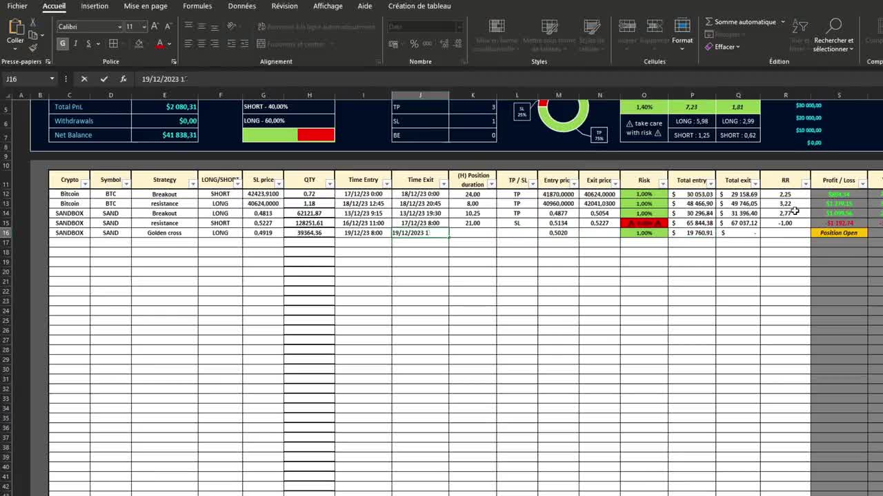 Trading journal | Automatic position calculator | Excel trading tool | for  Crypto and Forex | Trading data analysis