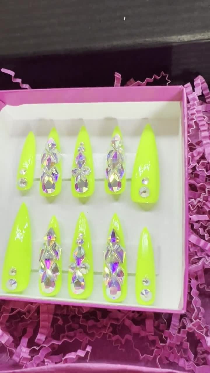 XXL Stiletto Nails| Press On Nails| Green Press On Nails| Neon Green Nails|  Summer Nails| Ready to Ship| Bling Press Ons| Long Nails