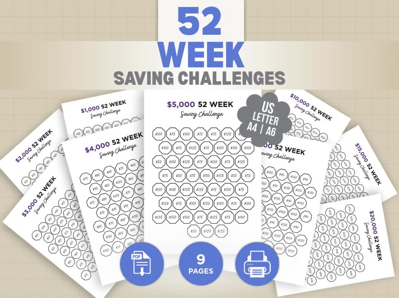 52週間貯金チャレンジ 印刷可能なバンドル – 1,000～20,000ドル貯金 | 52週間貯金チャレンジ |  5,000ドル、10,000ドルチャレンジ、貯金プラン、A6/USレター/A4