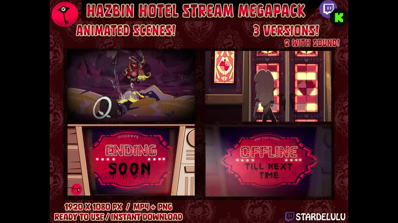 Hazbin Hotel Stream Pack - Over 200+ Assets! Animated Twitch/Kick Scenes,  Overlay, Panels, Cam Border, Sub Badges and more! Customizable!