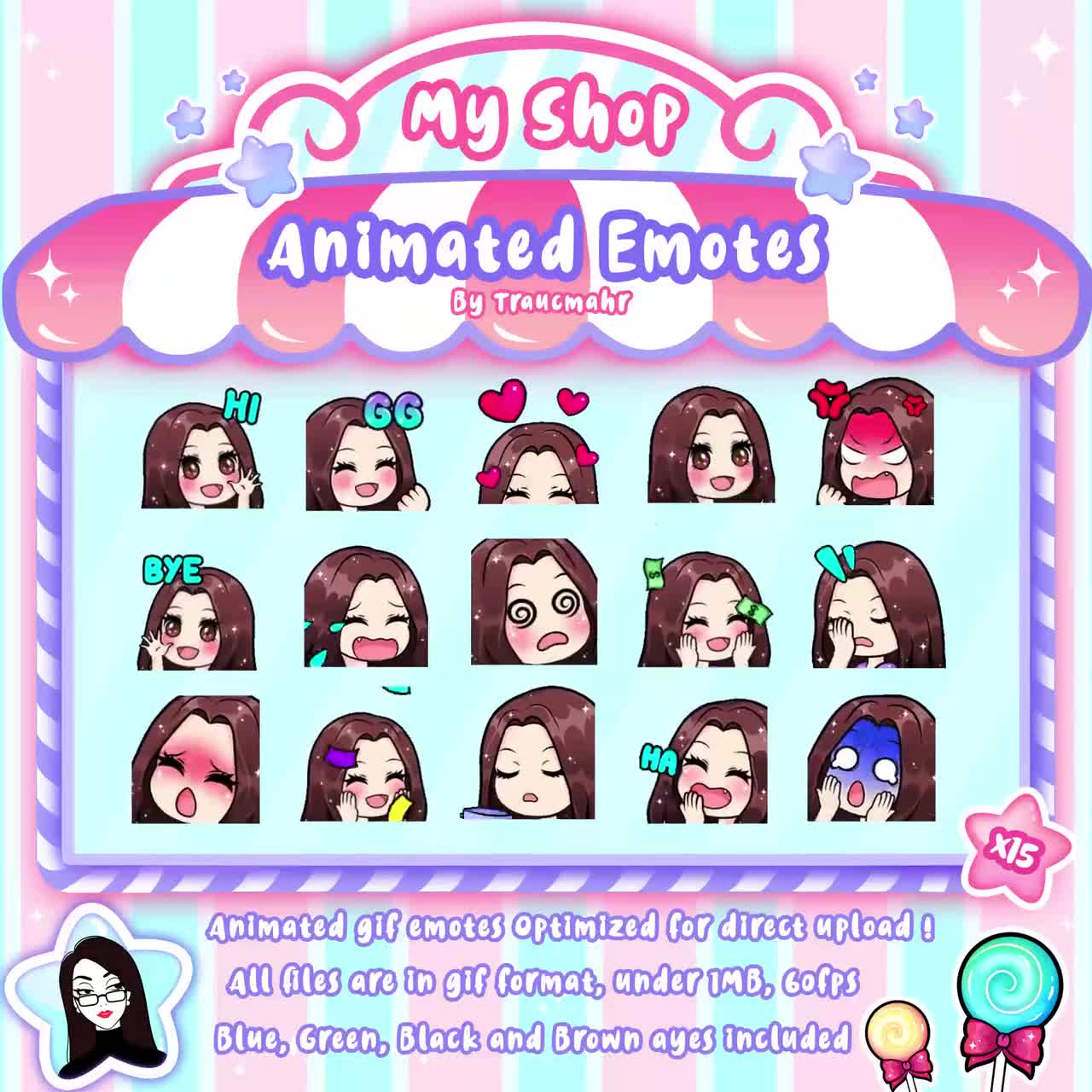 ANIMATED GIF, Emotes Mega Bundle for Twitch and Discord ! Cute Chibi Brown  Hair Animated Emotes for streaming, 15 Emotes