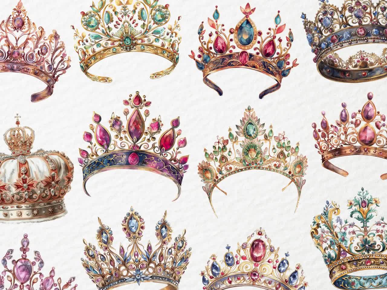 Tiara de princesa en acuarela, corona de diamantes con purpurina, tocado  real de cuento de hadas, arte de vestir mágico, PNG transparente, uso  comercial, image size:1280x960