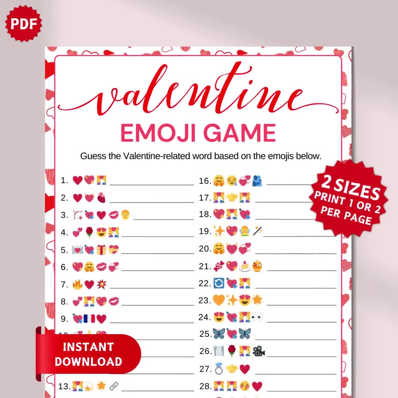 valentine's day emoji pictionary, emoji game, printable valentine game, fun  activities for adults kids family, emoji trivia, galentines game