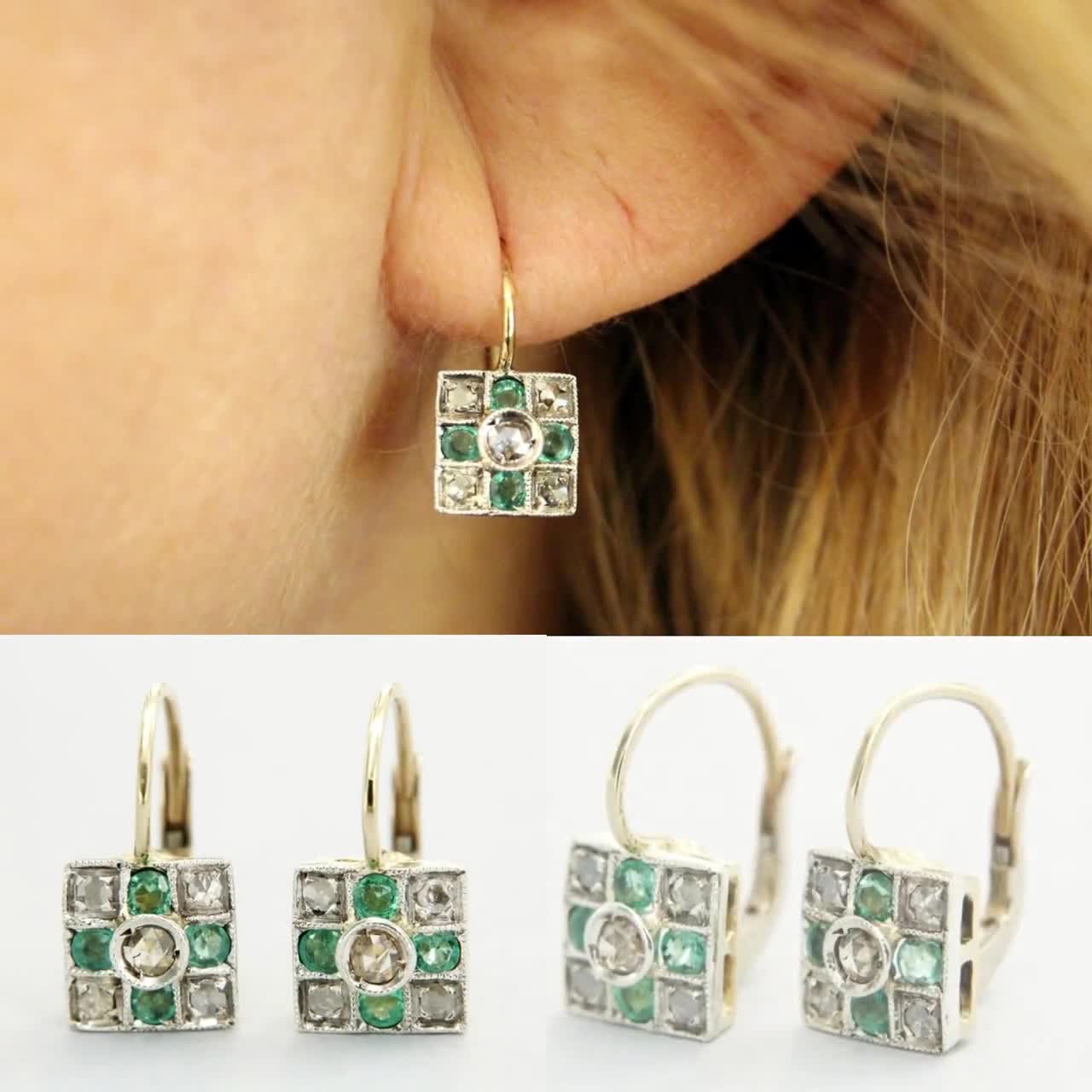 Boucles D'oreilles En Or Jaune 14 Carats Avec émeraude Et Diamant – Pendantes Dormeuses