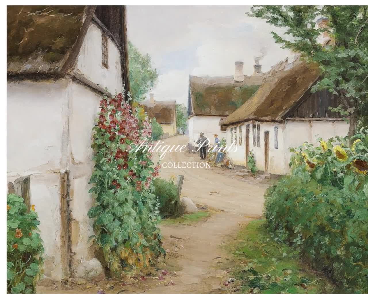 フランスの田舎のコテージの絵画、ビンテージの風景プリント