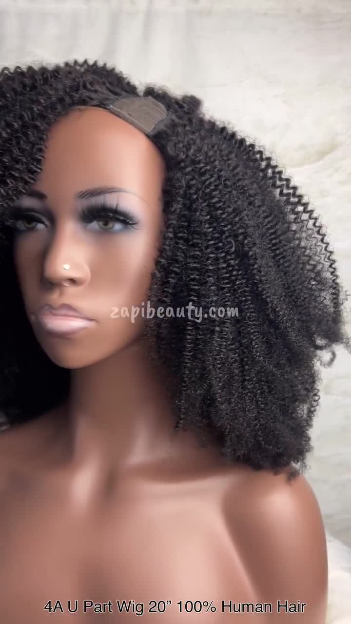 Type 4a Kinky Coily Human Hair U Part wig. Kinky Curly U Part Wig for black women. 180